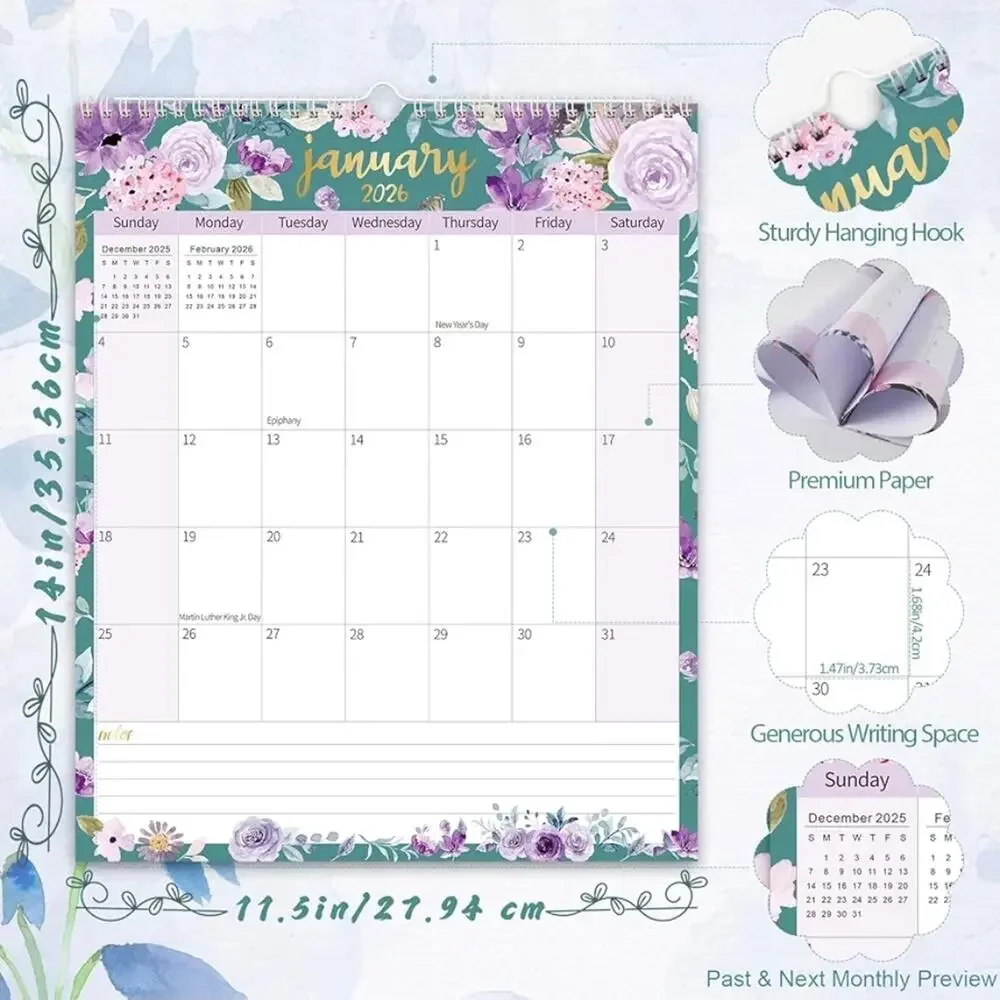 Vertical Wall Calendar 18 Months Hanging Jun. 2025-Dec. 2026 Floral 14